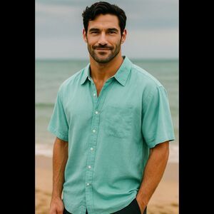 Alan Flusser L Shirt NWT 100 Linen Seafoam Green Short Sleeve Classic Fit Pocket